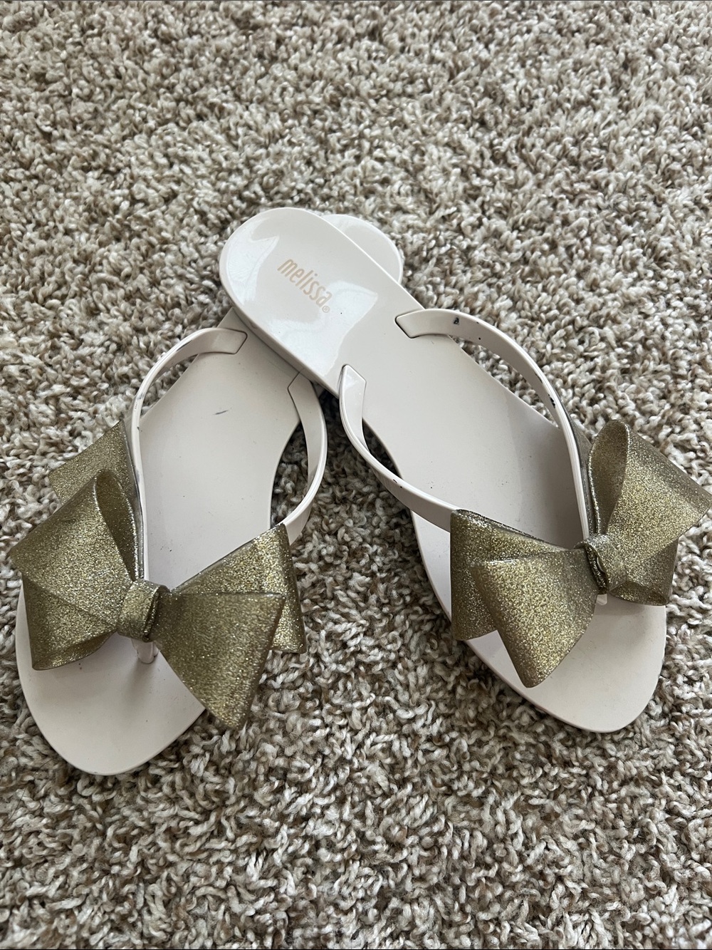 Melissa Light Beige Jelly Sandals with Gold Glitter Bows